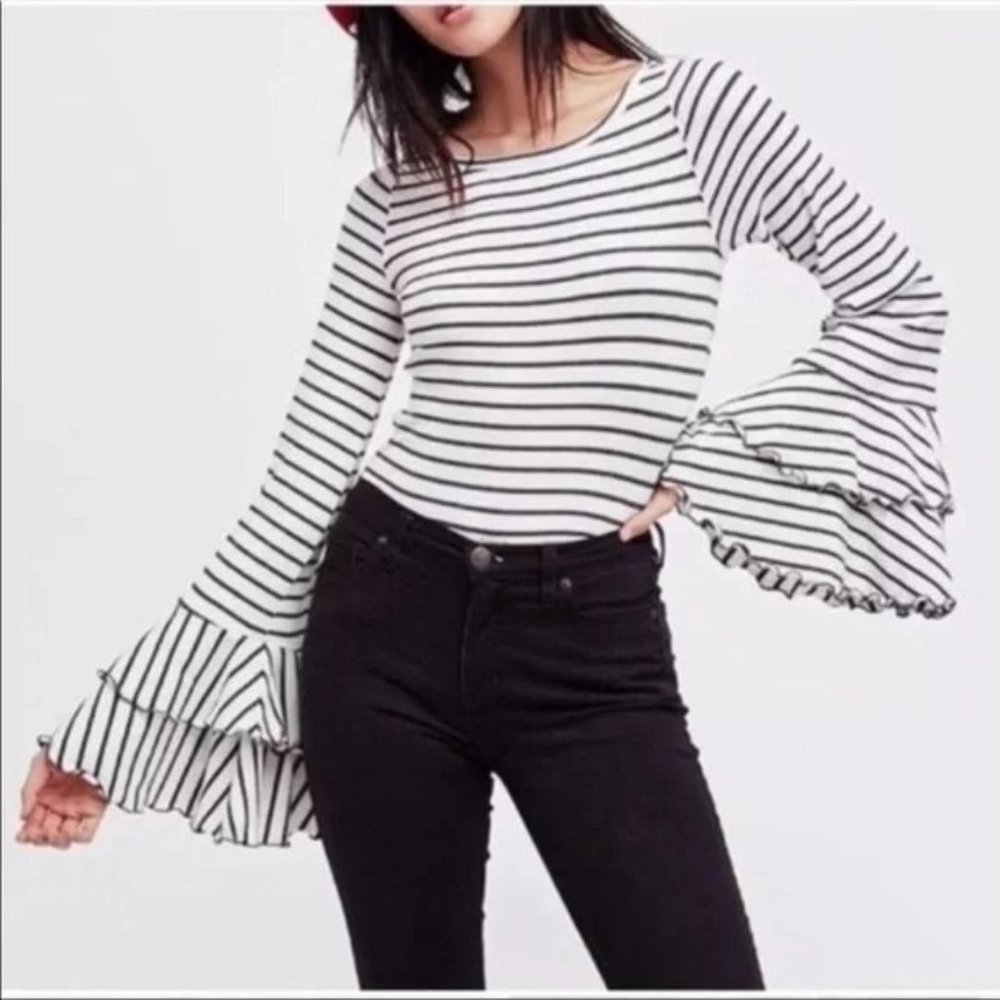 Free People Good Find Black and White Bell Sleeve Stripped Long Sleeve Top, L - Picture 2 of 9